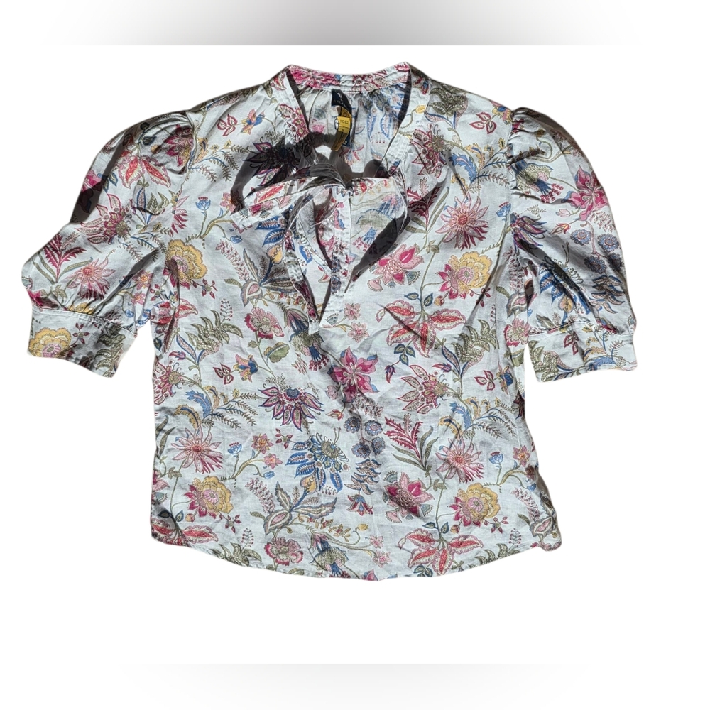 Polo Ralph Lauren Floral Print Tie Front Short Sleeve 100% Linen Blouse Size 8